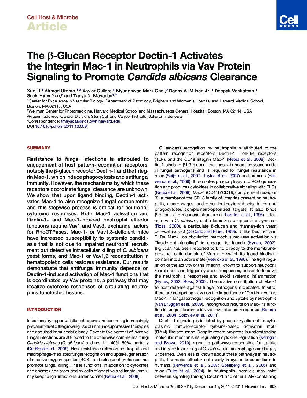The β-Glucan Receptor Dectin-1 Activates the Integrin Mac-1 in Neutrophils via Vav Protein Signaling to Promote Candida albicans Clearance