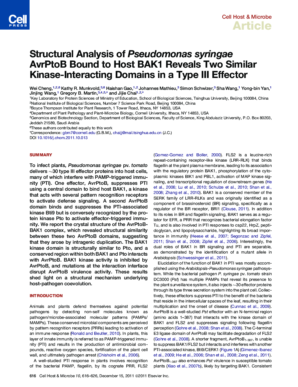 Structural Analysis of Pseudomonas syringae AvrPtoB Bound to Host BAK1 Reveals Two Similar Kinase-Interacting Domains in a Type III Effector