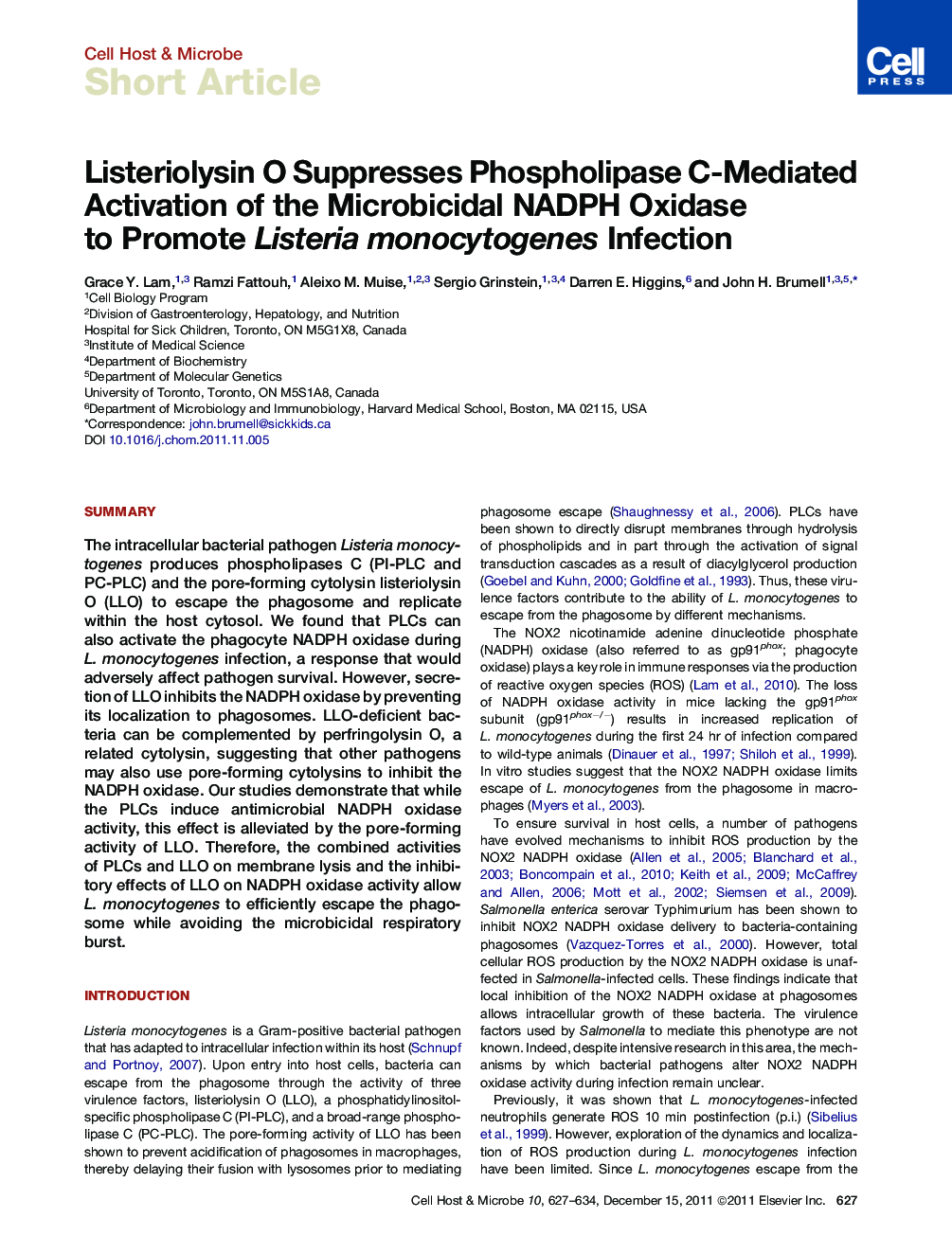 Listeriolysin O Suppresses Phospholipase C-Mediated Activation of the Microbicidal NADPH Oxidase to Promote Listeria monocytogenes Infection