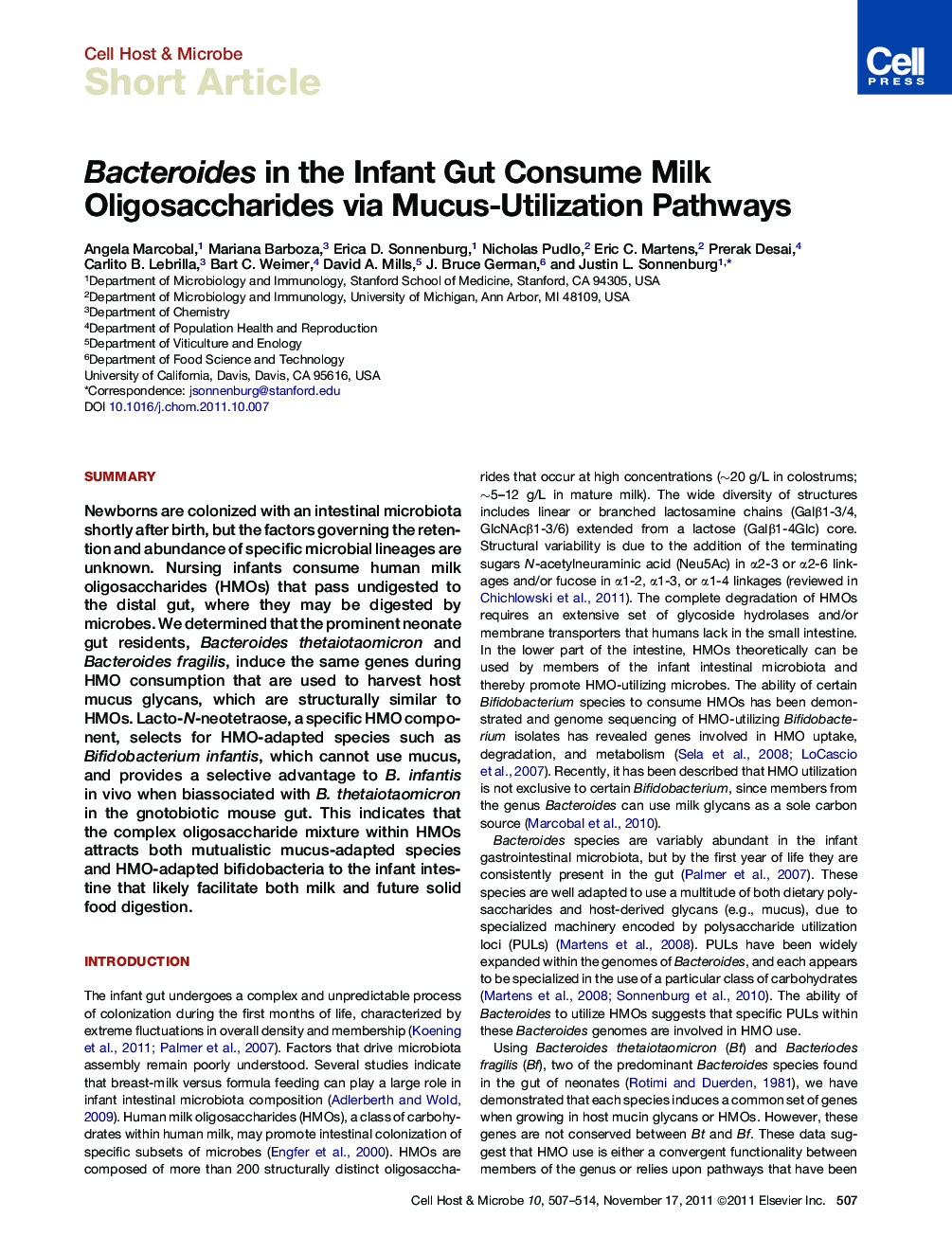 Bacteroides in the Infant Gut Consume Milk Oligosaccharides via Mucus-Utilization Pathways