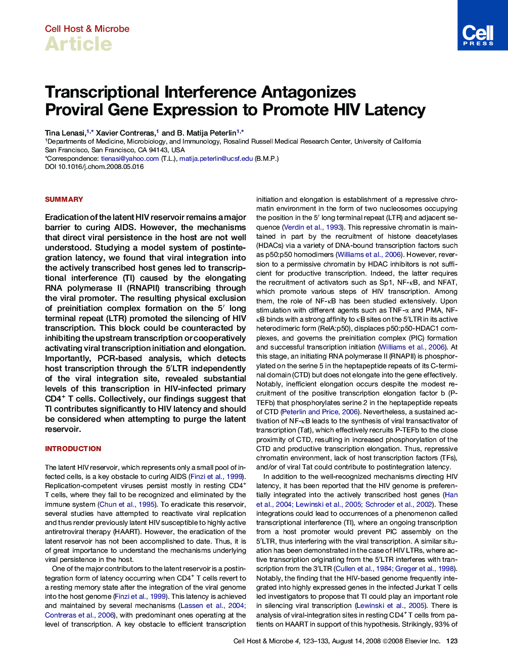 Transcriptional Interference Antagonizes Proviral Gene Expression to Promote HIV Latency