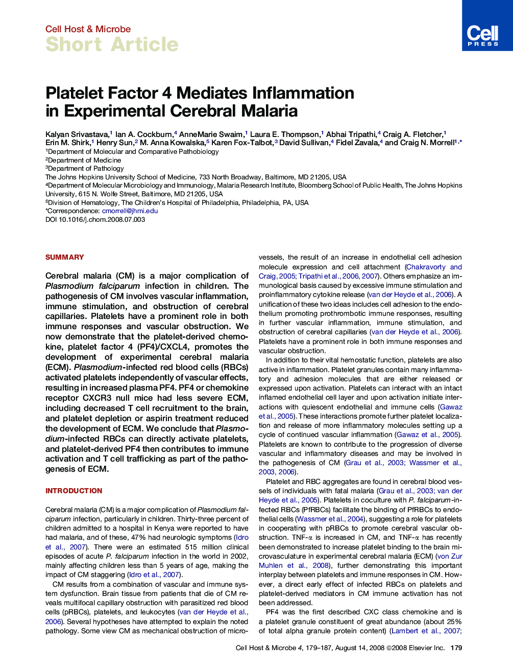 Platelet Factor 4 Mediates Inflammation in Experimental Cerebral Malaria