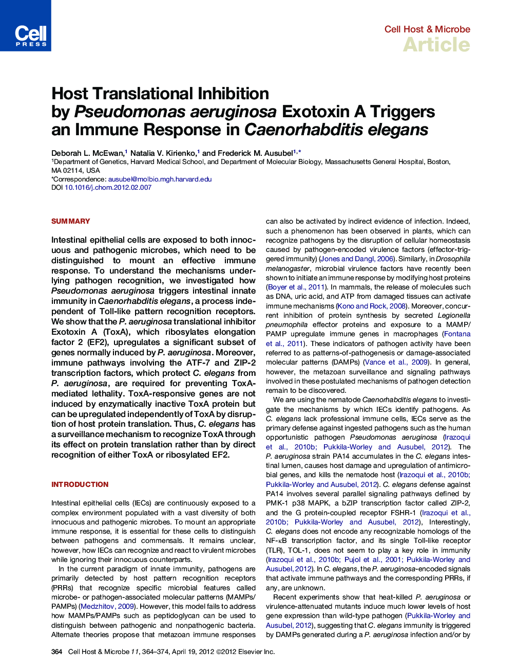 Host Translational Inhibition by Pseudomonas aeruginosa Exotoxin A Triggers an Immune Response in Caenorhabditis elegans