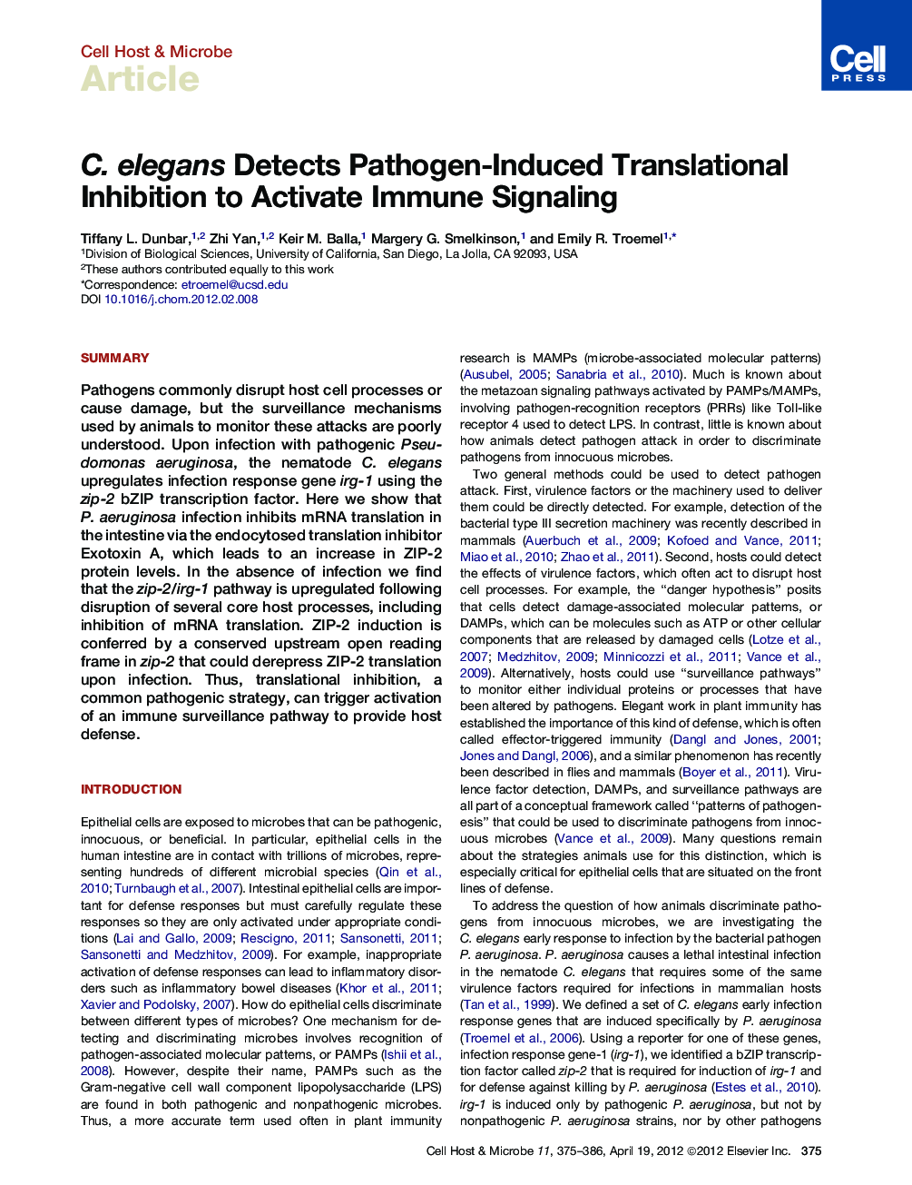 C. elegans Detects Pathogen-Induced Translational Inhibition to Activate Immune Signaling