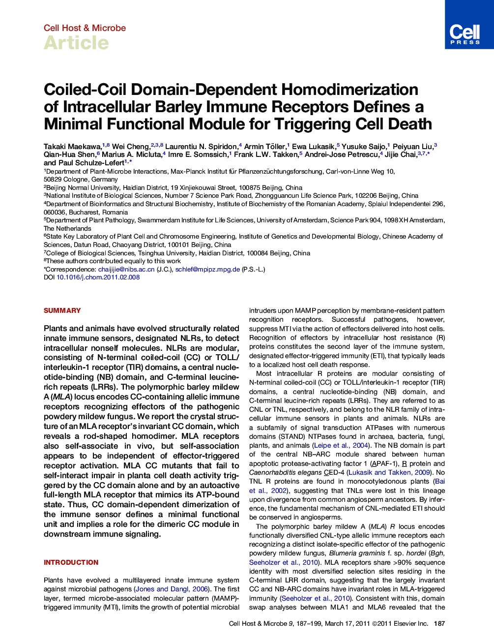 Coiled-Coil Domain-Dependent Homodimerization of Intracellular Barley Immune Receptors Defines a Minimal Functional Module for Triggering Cell Death