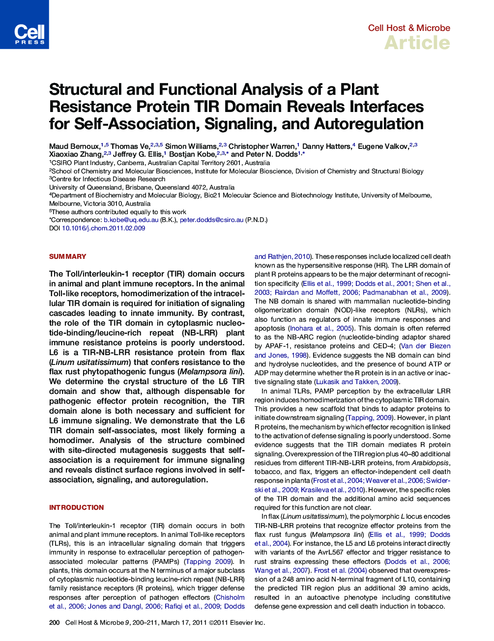 Structural and Functional Analysis of a Plant Resistance Protein TIR Domain Reveals Interfaces for Self-Association, Signaling, and Autoregulation