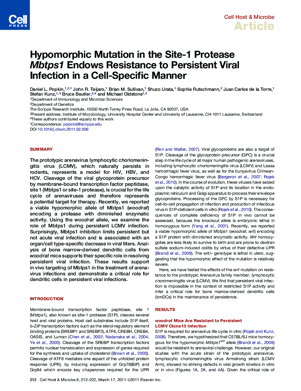 Hypomorphic Mutation in the Site-1 Protease Mbtps1 Endows Resistance to Persistent Viral Infection in a Cell-Specific Manner