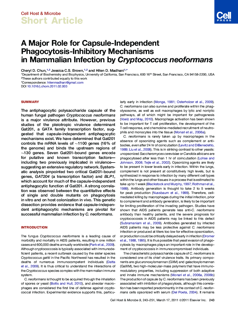 A Major Role for Capsule-Independent Phagocytosis-Inhibitory Mechanisms in Mammalian Infection by Cryptococcus neoformans