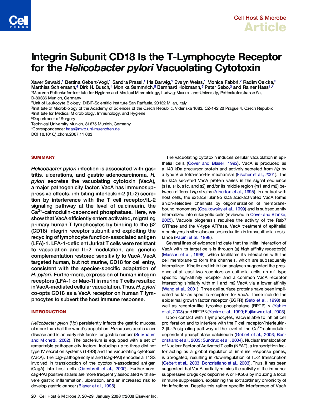 Integrin Subunit CD18 Is the T-Lymphocyte Receptor for the Helicobacter pylori Vacuolating Cytotoxin