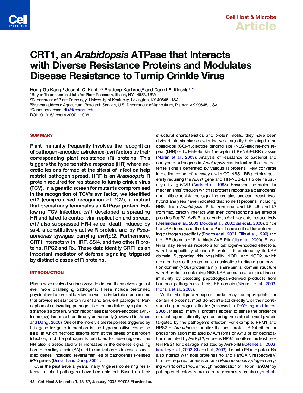 CRT1, an Arabidopsis ATPase that Interacts with Diverse Resistance Proteins and Modulates Disease Resistance to Turnip Crinkle Virus