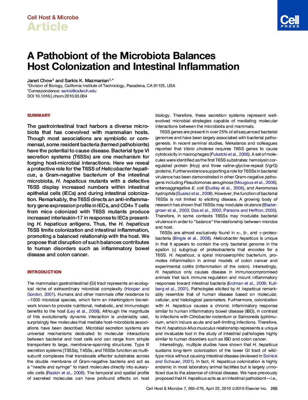 A Pathobiont of the Microbiota Balances Host Colonization and Intestinal Inflammation