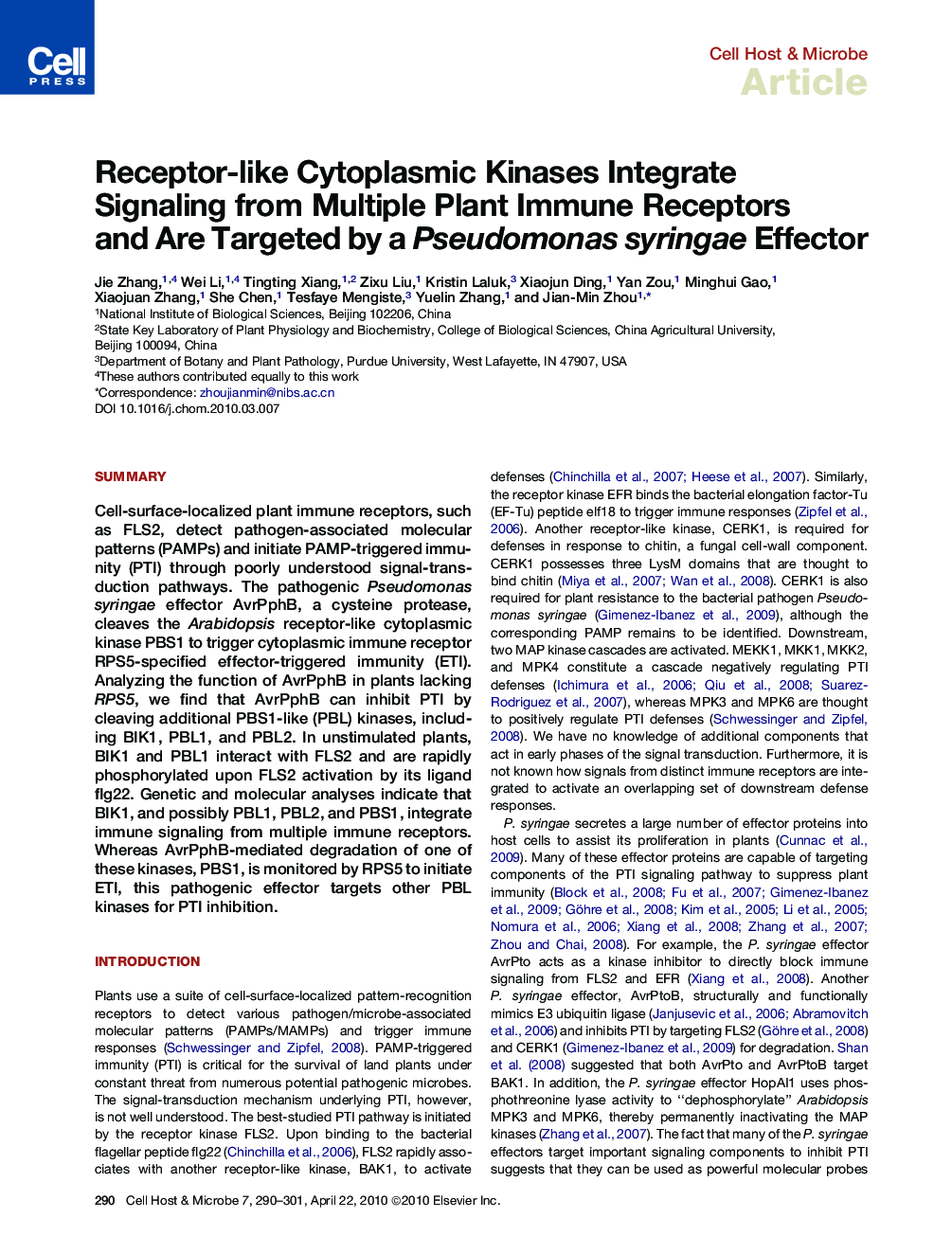 Receptor-like Cytoplasmic Kinases Integrate Signaling from Multiple Plant Immune Receptors and Are Targeted by a Pseudomonas syringae Effector