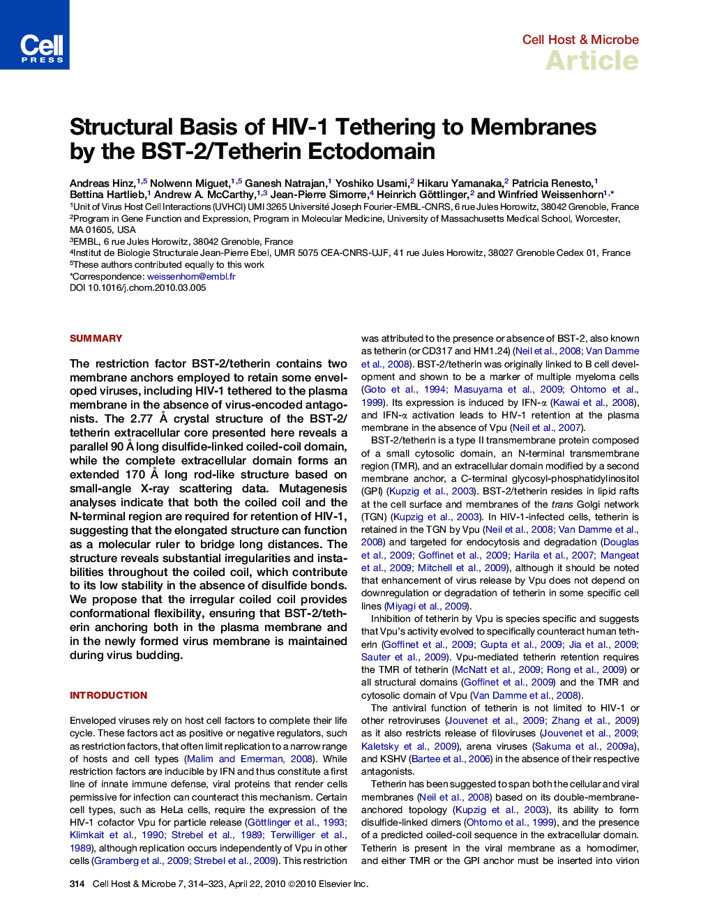 Structural Basis of HIV-1 Tethering to Membranes by the BST-2/Tetherin Ectodomain