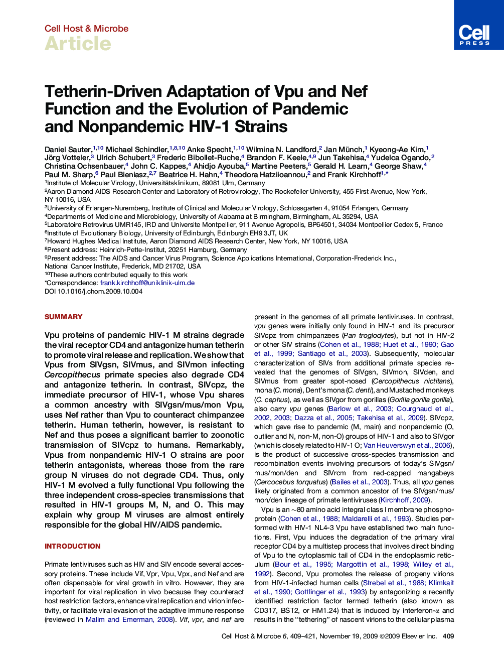 Tetherin-Driven Adaptation of Vpu and Nef Function and the Evolution of Pandemic and Nonpandemic HIV-1 Strains