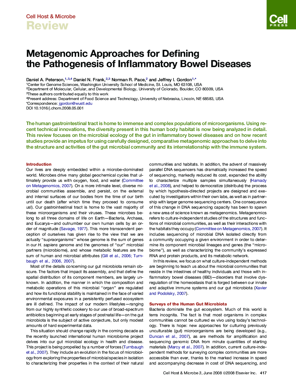 Metagenomic Approaches for Defining the Pathogenesis of Inflammatory Bowel Diseases