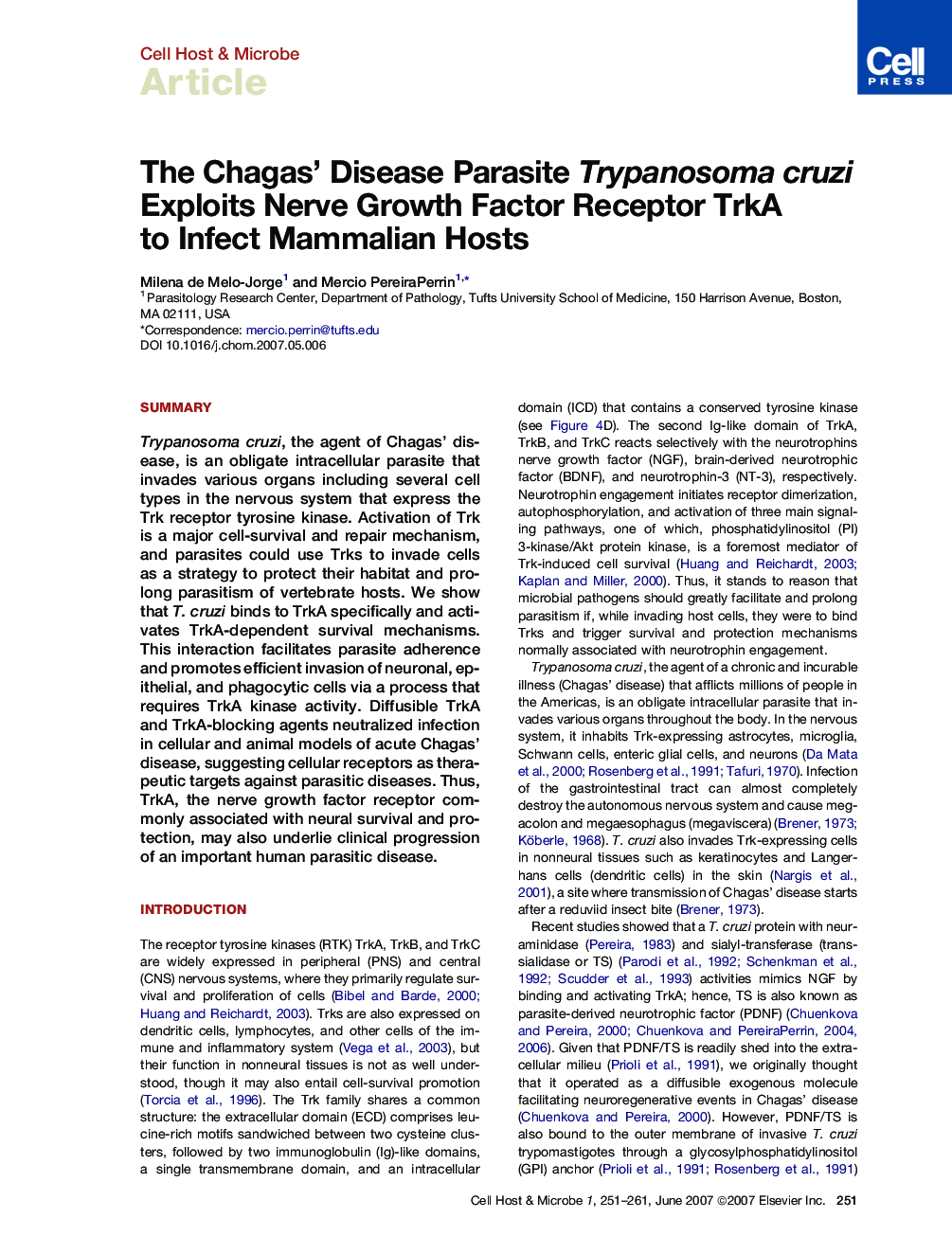 The Chagas' Disease Parasite Trypanosoma cruzi Exploits Nerve Growth Factor Receptor TrkA to Infect Mammalian Hosts