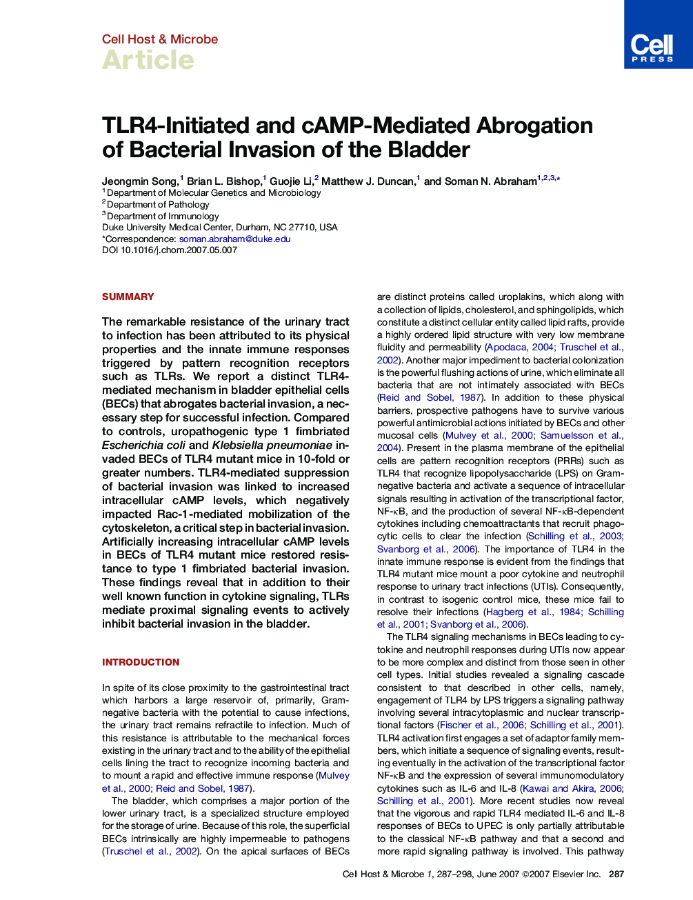 TLR4-Initiated and cAMP-Mediated Abrogation of Bacterial Invasion of the Bladder