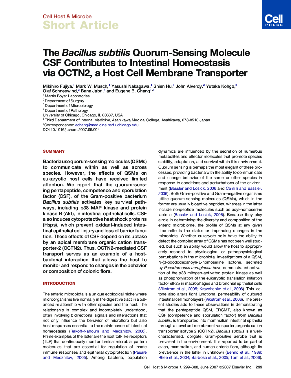 The Bacillus subtilis Quorum-Sensing Molecule CSF Contributes to Intestinal Homeostasis via OCTN2, a Host Cell Membrane Transporter