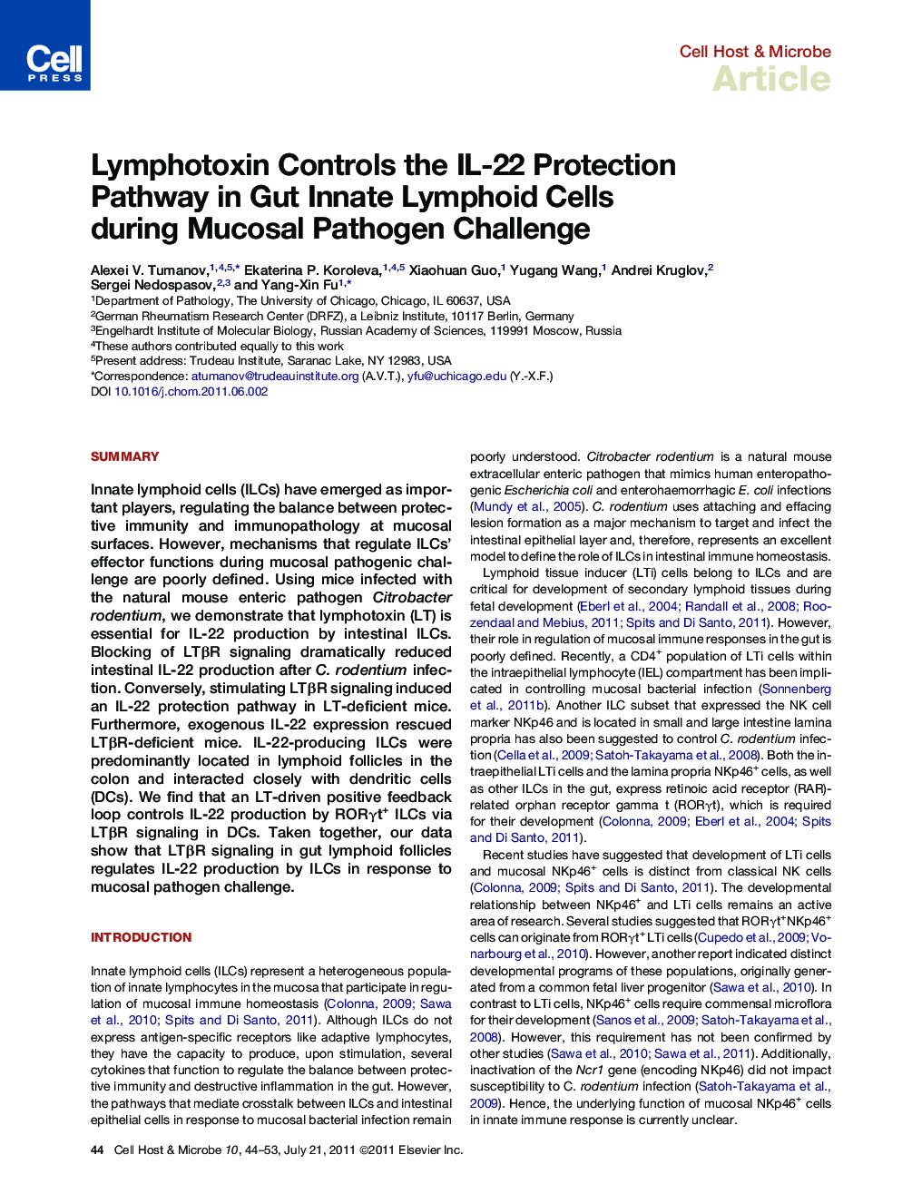 Lymphotoxin Controls the IL-22 Protection Pathway in Gut Innate Lymphoid Cells during Mucosal Pathogen Challenge