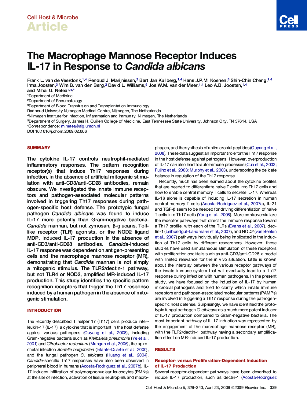 The Macrophage Mannose Receptor Induces IL-17 in Response to Candida albicans