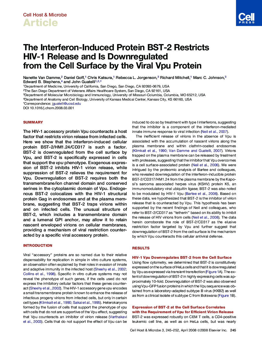 The Interferon-Induced Protein BST-2 Restricts HIV-1 Release and Is Downregulated from the Cell Surface by the Viral Vpu Protein