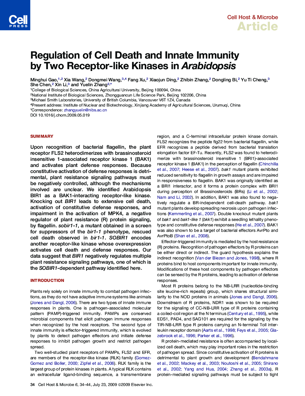 Regulation of Cell Death and Innate Immunity by Two Receptor-like Kinases in Arabidopsis