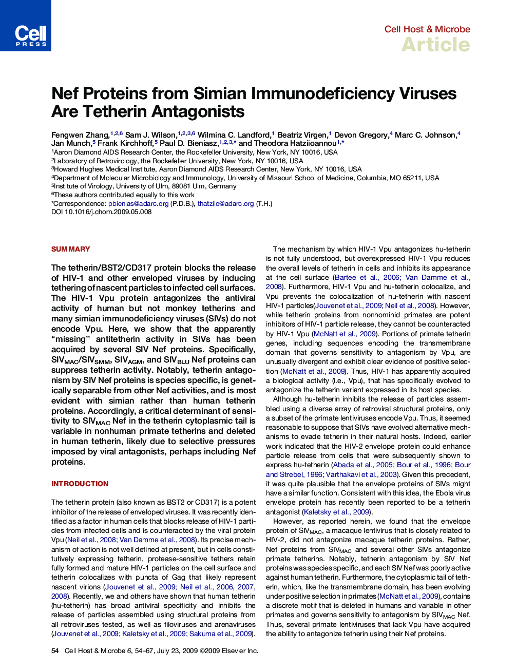 Nef Proteins from Simian Immunodeficiency Viruses Are Tetherin Antagonists