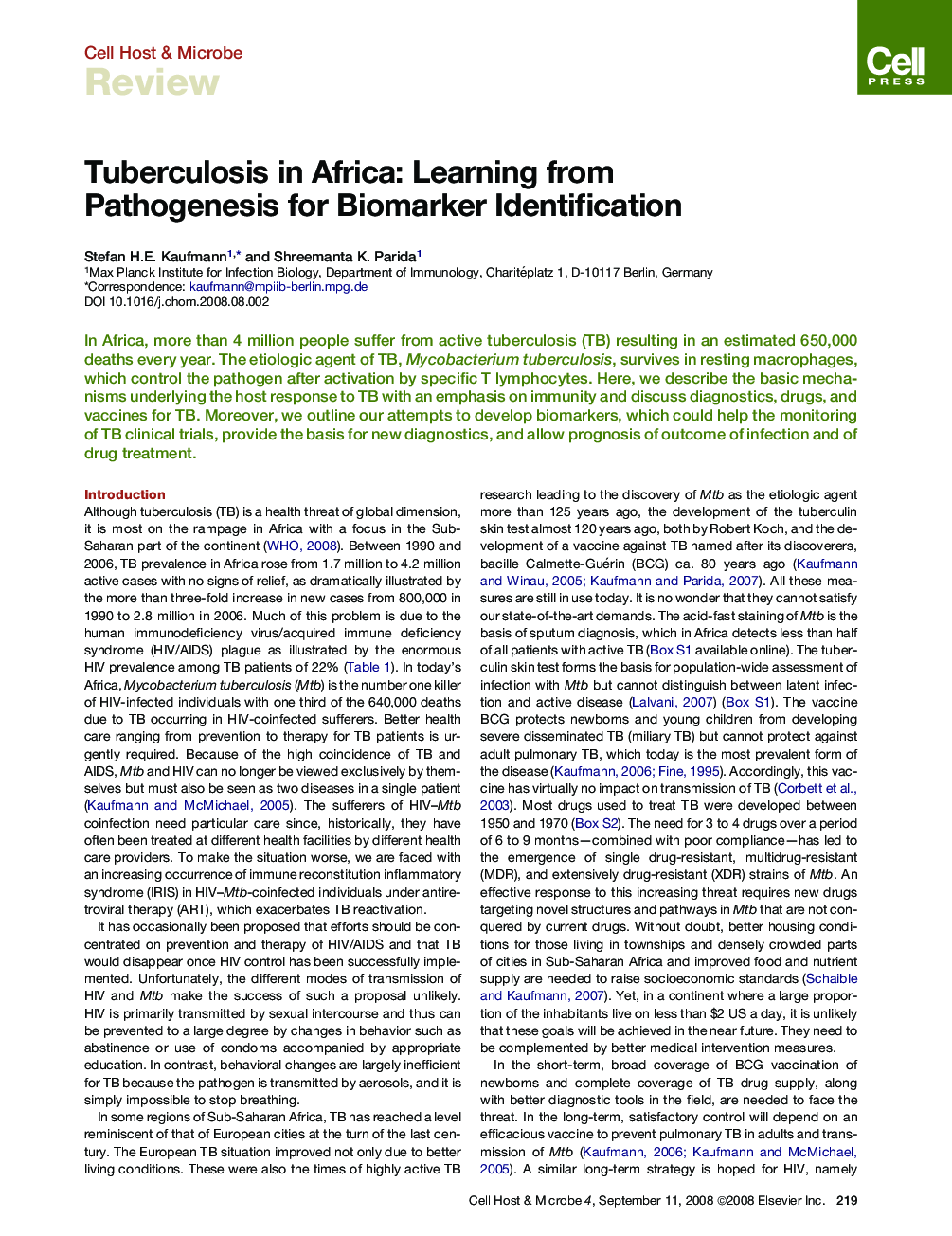 Tuberculosis in Africa: Learning from Pathogenesis for Biomarker Identification