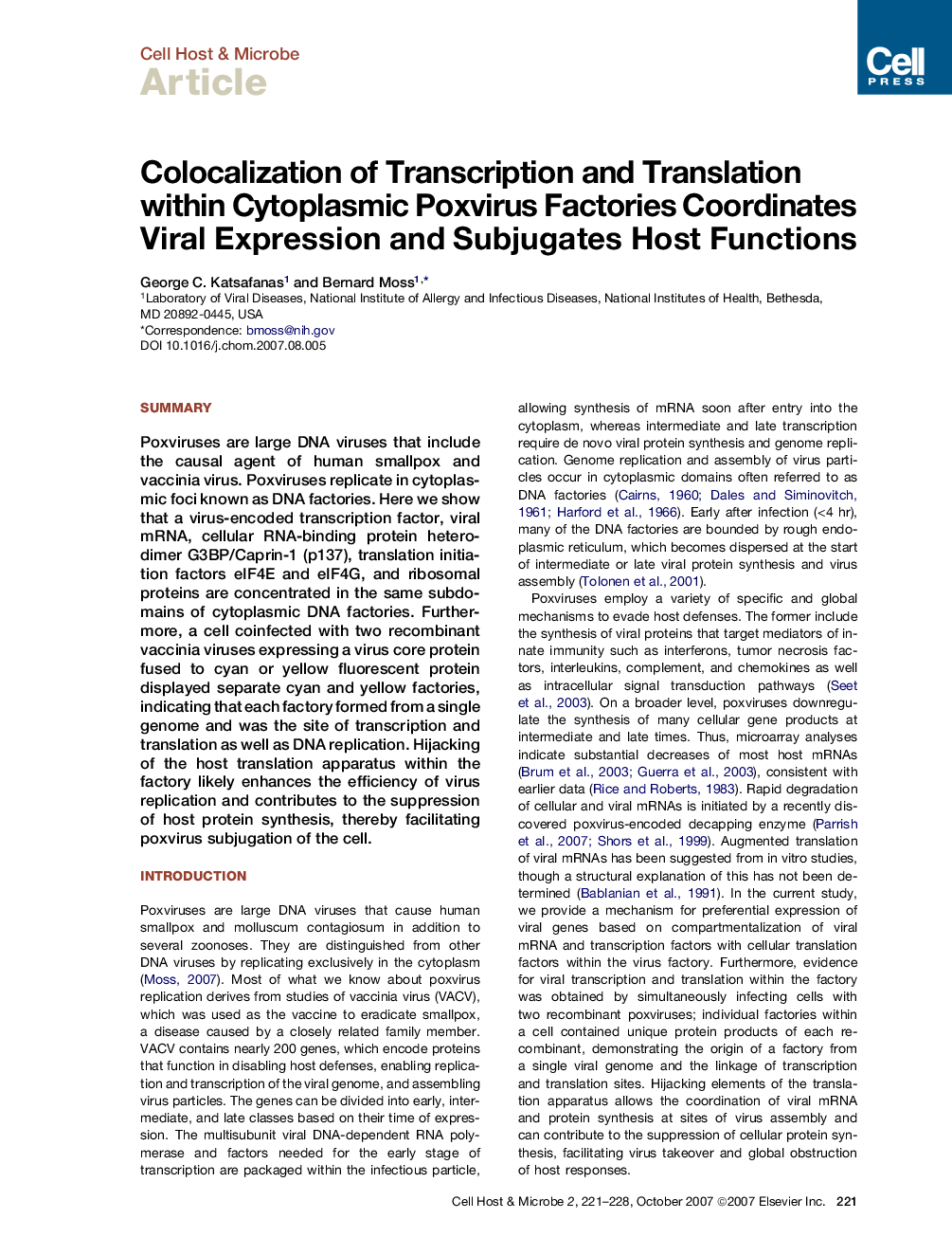 Colocalization of Transcription and Translation within Cytoplasmic Poxvirus Factories Coordinates Viral Expression and Subjugates Host Functions