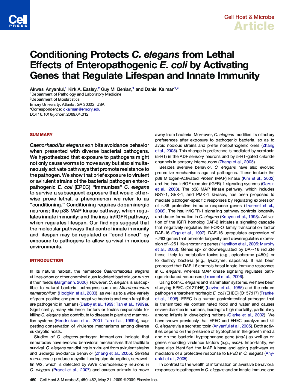 Conditioning Protects C. elegans from Lethal Effects of Enteropathogenic E. coli by Activating Genes that Regulate Lifespan and Innate Immunity