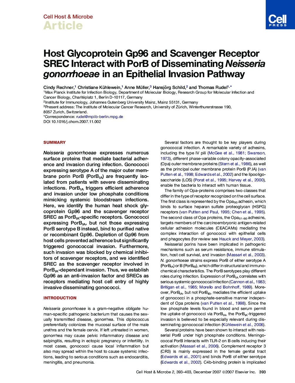 Host Glycoprotein Gp96 and Scavenger Receptor SREC Interact with PorB of Disseminating Neisseria gonorrhoeae in an Epithelial Invasion Pathway