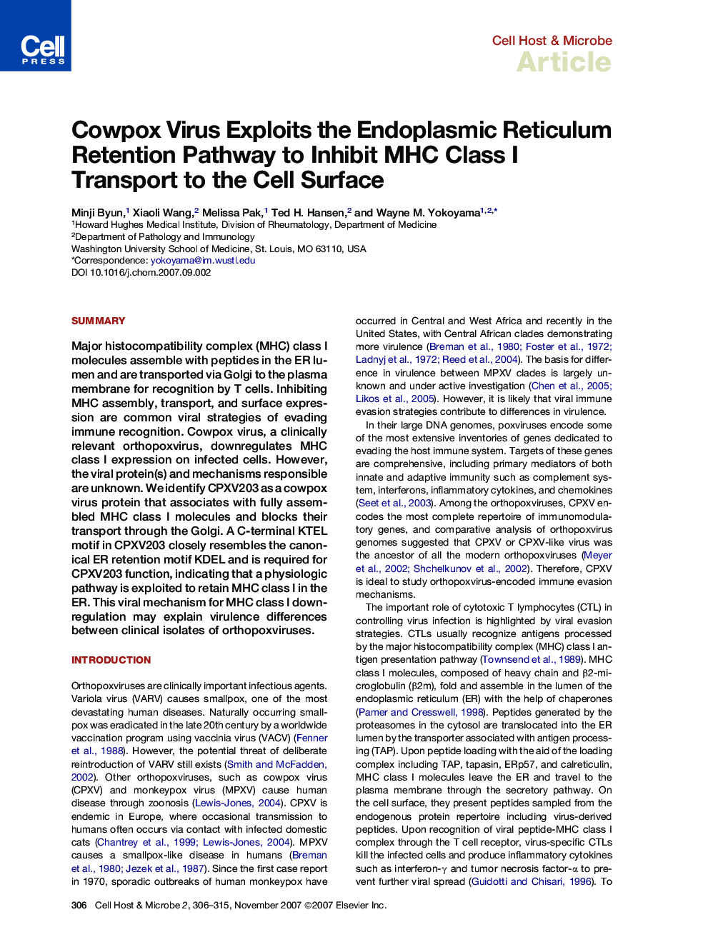 Cowpox Virus Exploits the Endoplasmic Reticulum Retention Pathway to Inhibit MHC Class I Transport to the Cell Surface