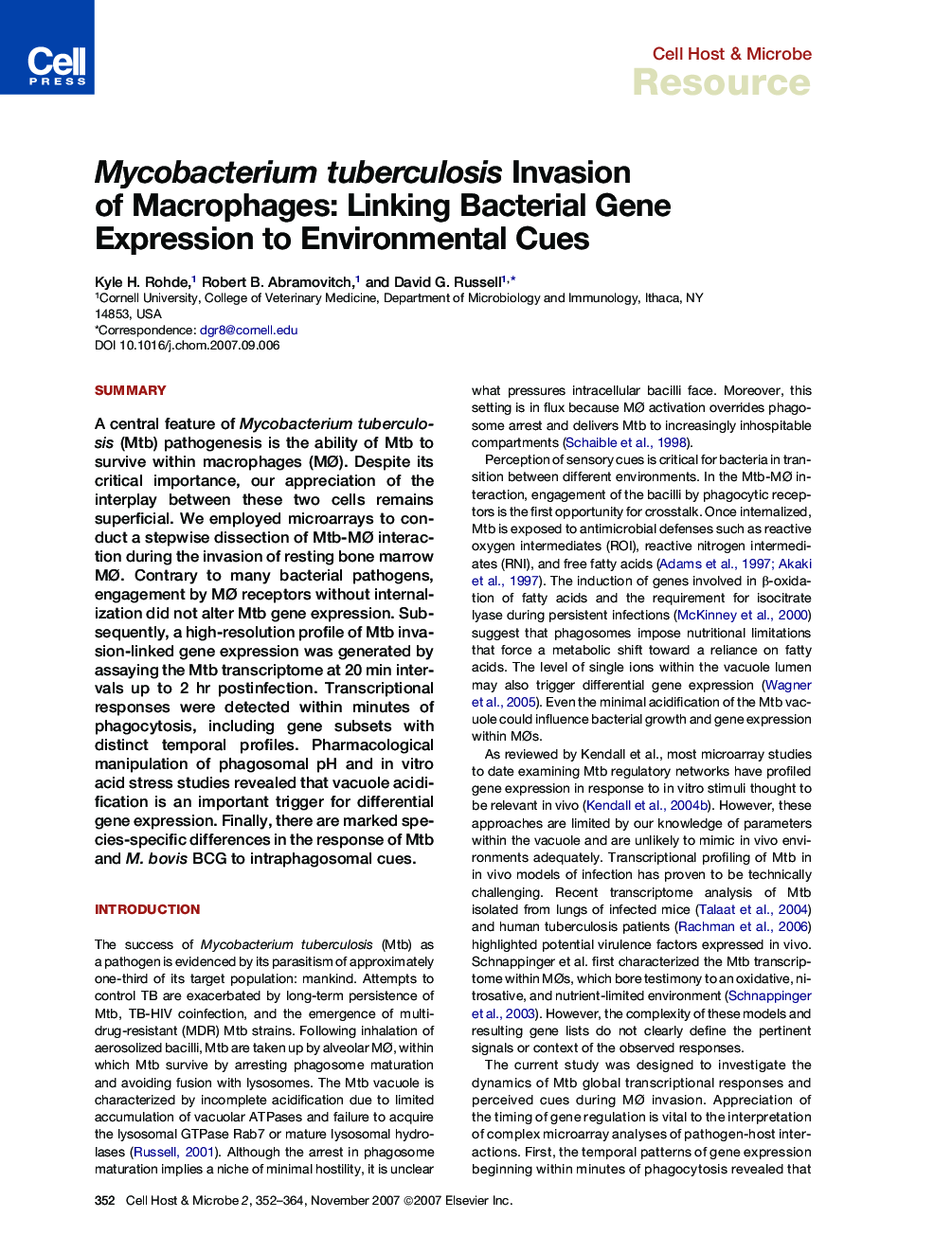 Mycobacterium tuberculosis Invasion of Macrophages: Linking Bacterial Gene Expression to Environmental Cues