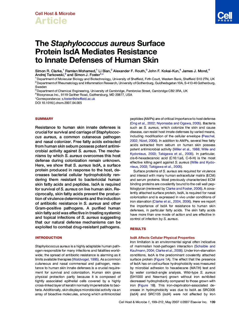 The Staphylococcus aureus Surface Protein IsdA Mediates Resistance to Innate Defenses of Human Skin