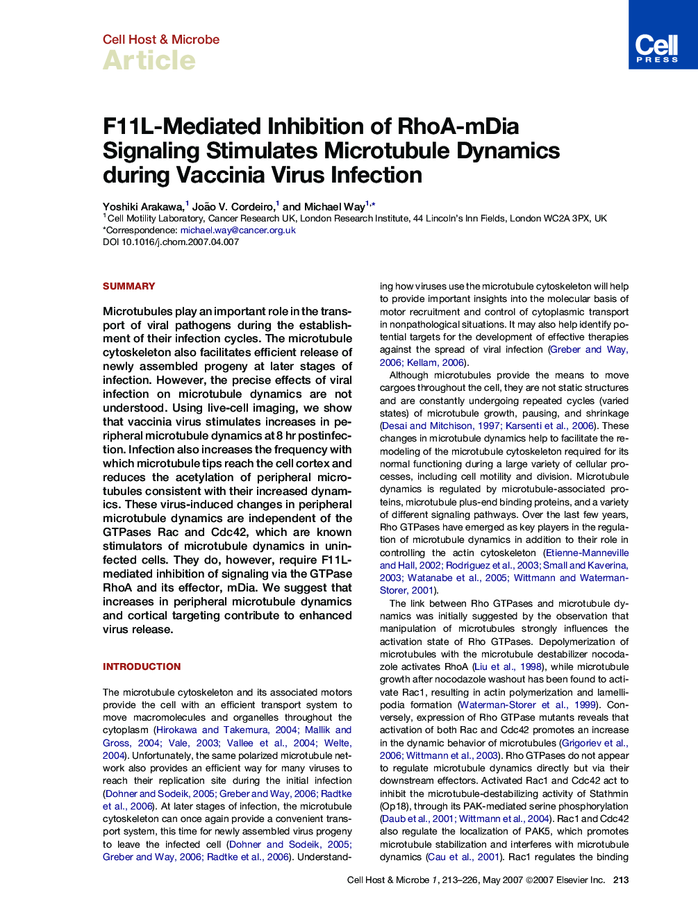 F11L-Mediated Inhibition of RhoA-mDia Signaling Stimulates Microtubule Dynamics during Vaccinia Virus Infection