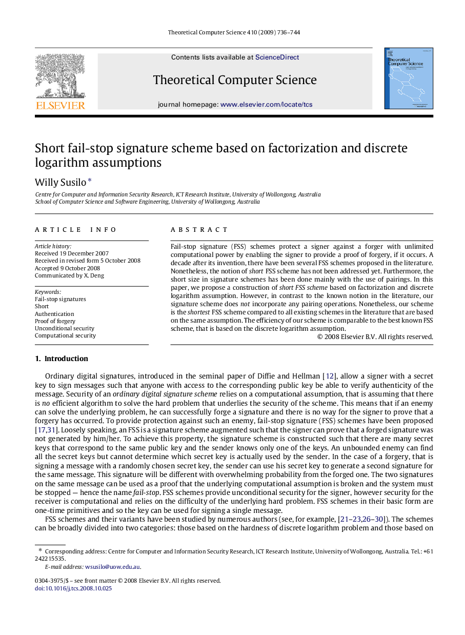 Short fail-stop signature scheme based on factorization and discrete logarithm assumptions