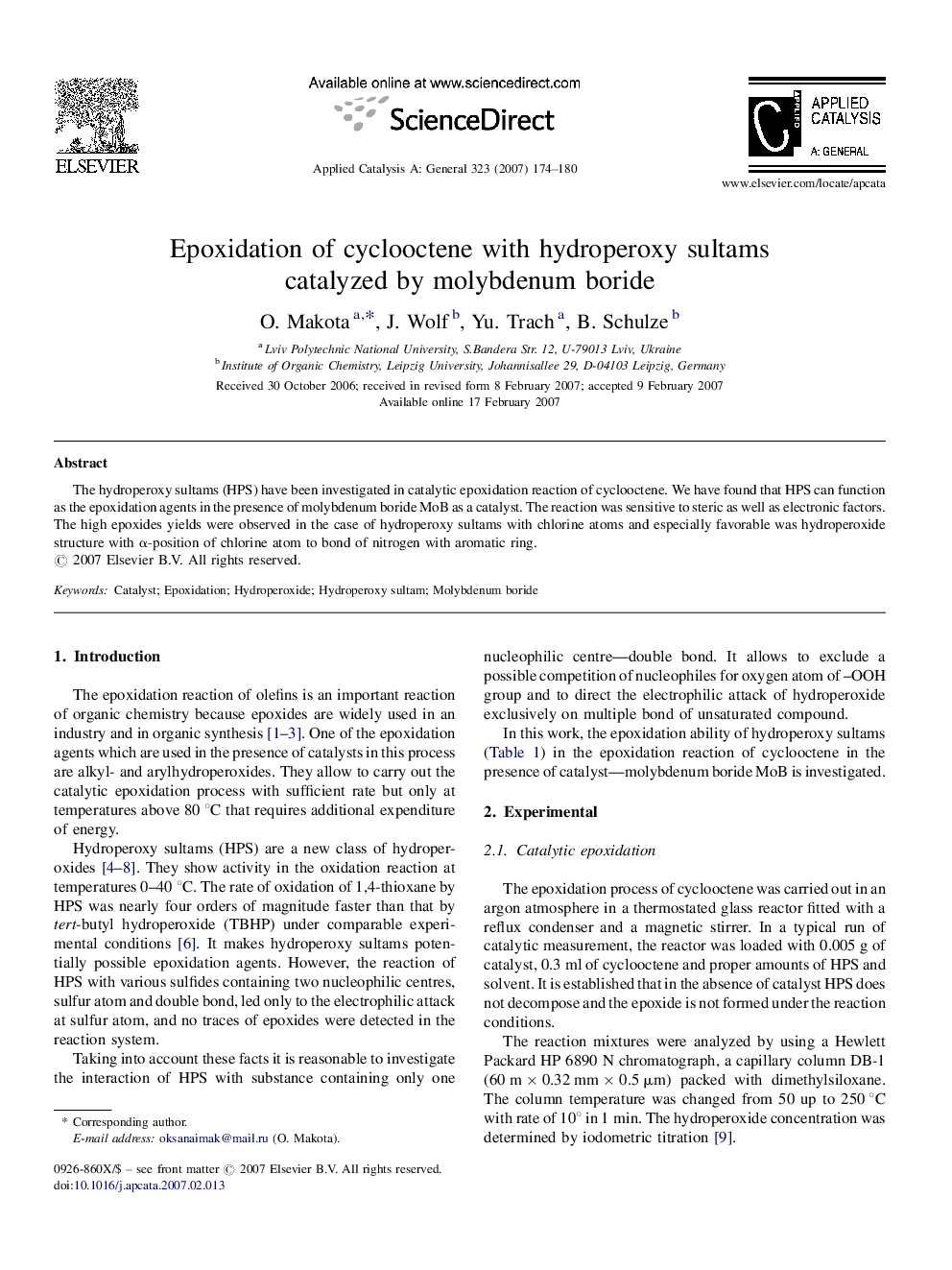 Epoxidation of cyclooctene with hydroperoxy sultams catalyzed by molybdenum boride