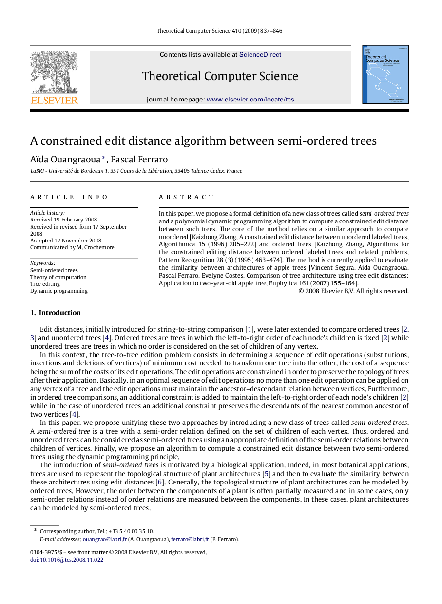 A constrained edit distance algorithm between semi-ordered trees