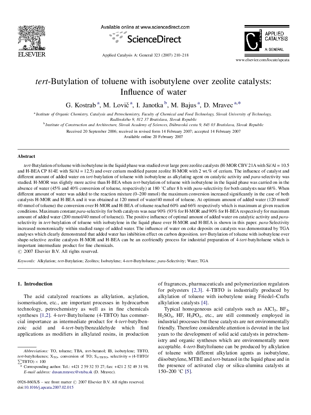 tert-Butylation of toluene with isobutylene over zeolite catalysts: Influence of water