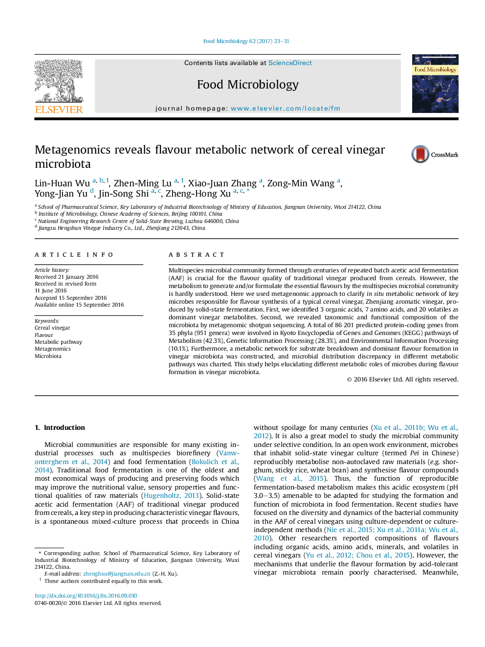 Metagenomics reveals flavour metabolic network of cereal vinegar microbiota