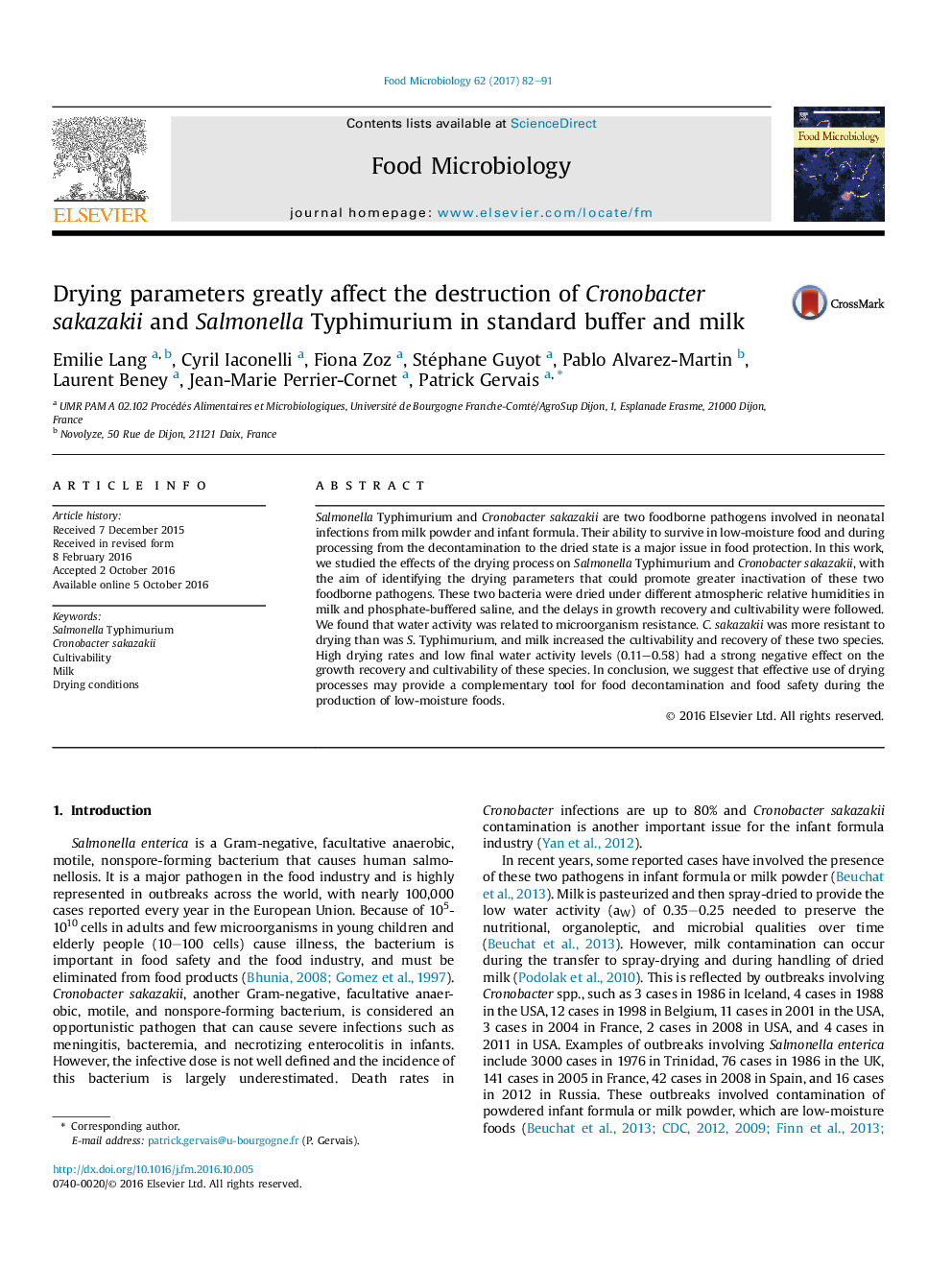 Drying parameters greatly affect the destruction of Cronobacter sakazakii and Salmonella Typhimurium in standard buffer and milk