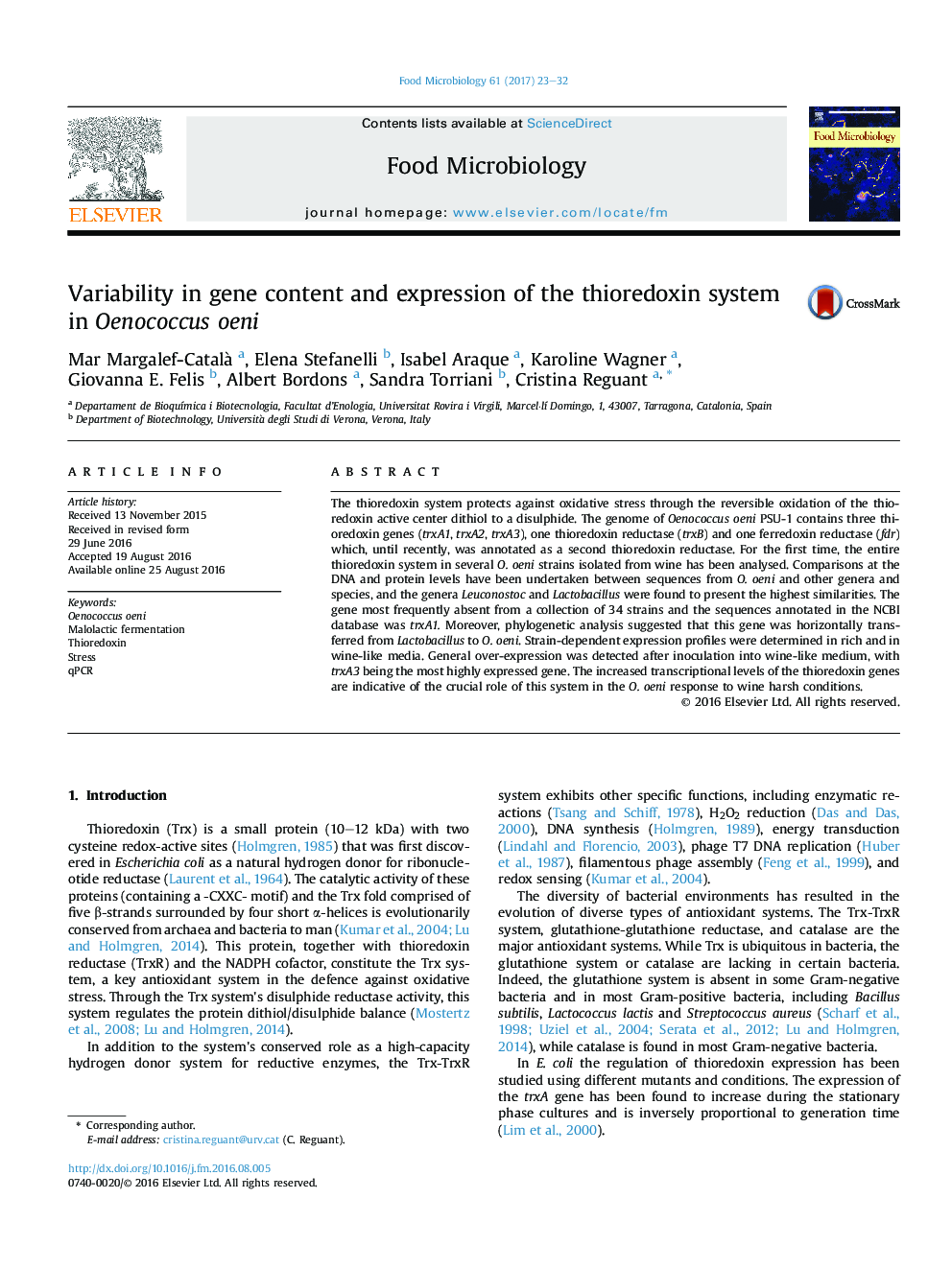 Variability in gene content and expression of the thioredoxin system in Oenococcus oeni