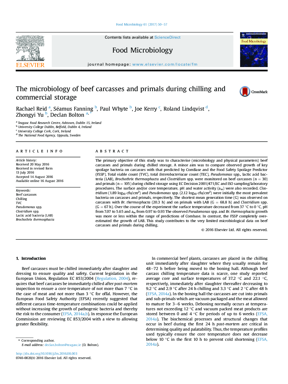 The microbiology of beef carcasses and primals during chilling and commercial storage