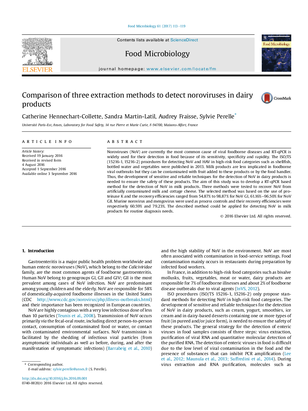 Comparison of three extraction methods to detect noroviruses in dairy products