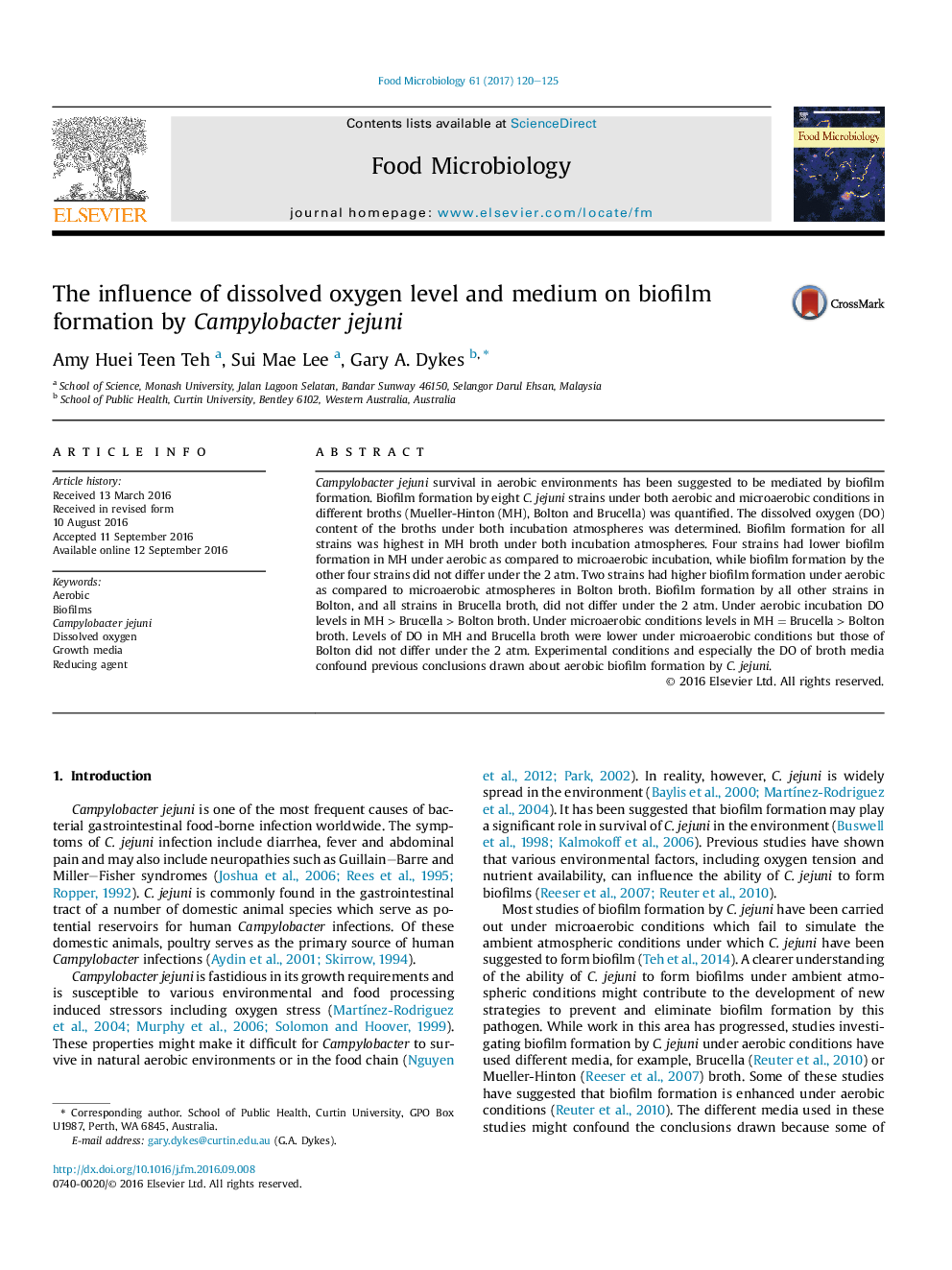 The influence of dissolved oxygen level and medium on biofilm formation by Campylobacter jejuni