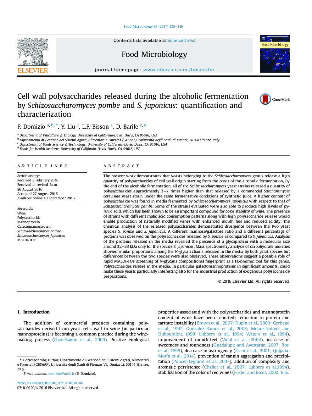 پلی ساکارید دیواره سلولی منتشر شده در طول تخمیر الکلی توسط pombe Schizosaccharomyces و S. japonicus : تعیین کمیت و بررسی خواص