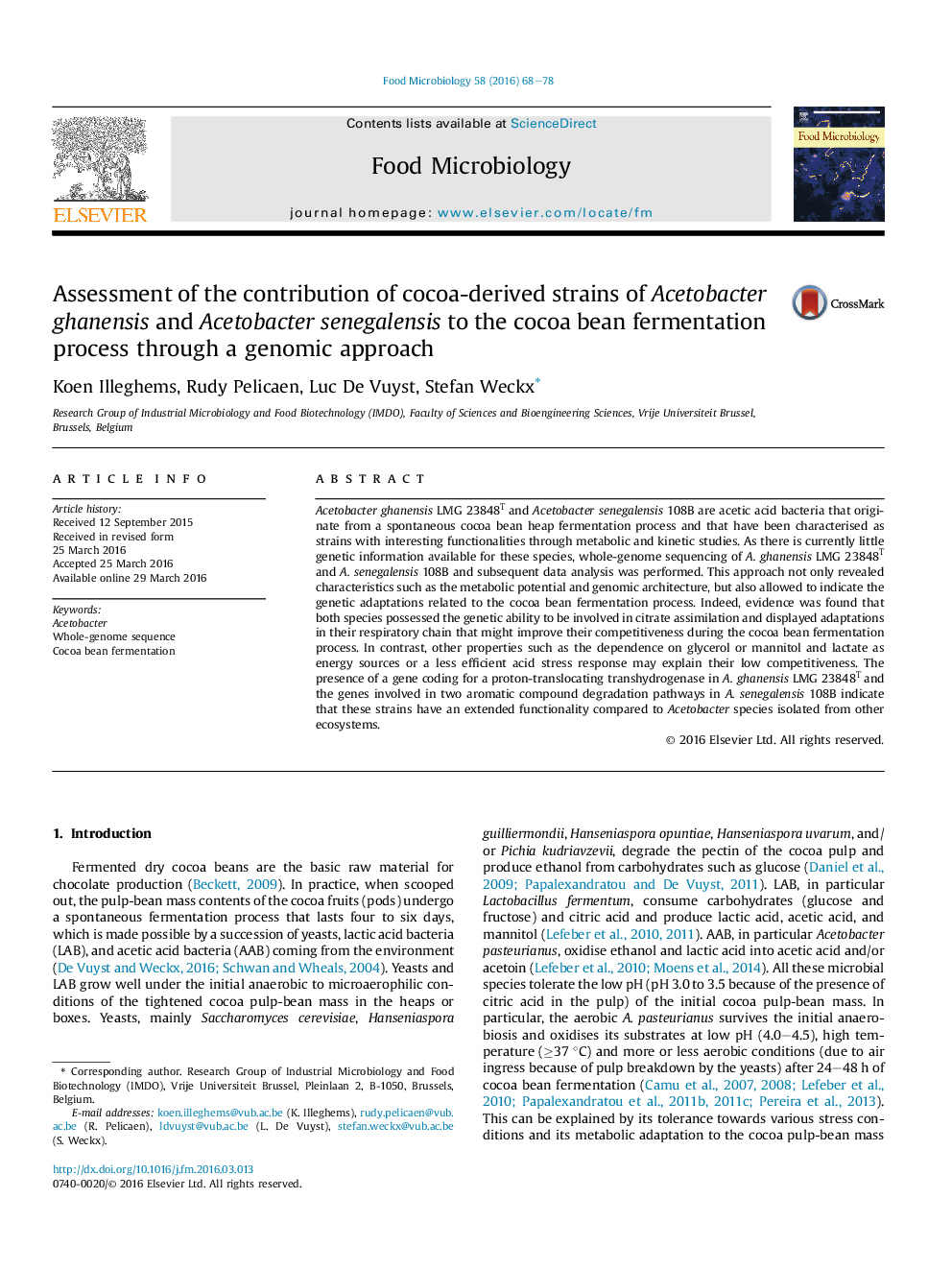 Assessment of the contribution of cocoa-derived strains of Acetobacter ghanensis and Acetobacter senegalensis to the cocoa bean fermentation process through a genomic approach