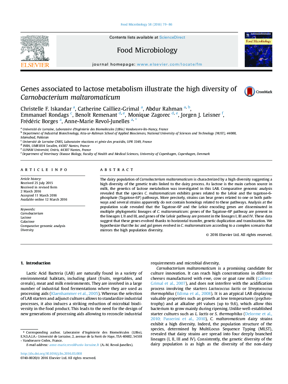 Genes associated to lactose metabolism illustrate the high diversity of Carnobacterium maltaromaticum