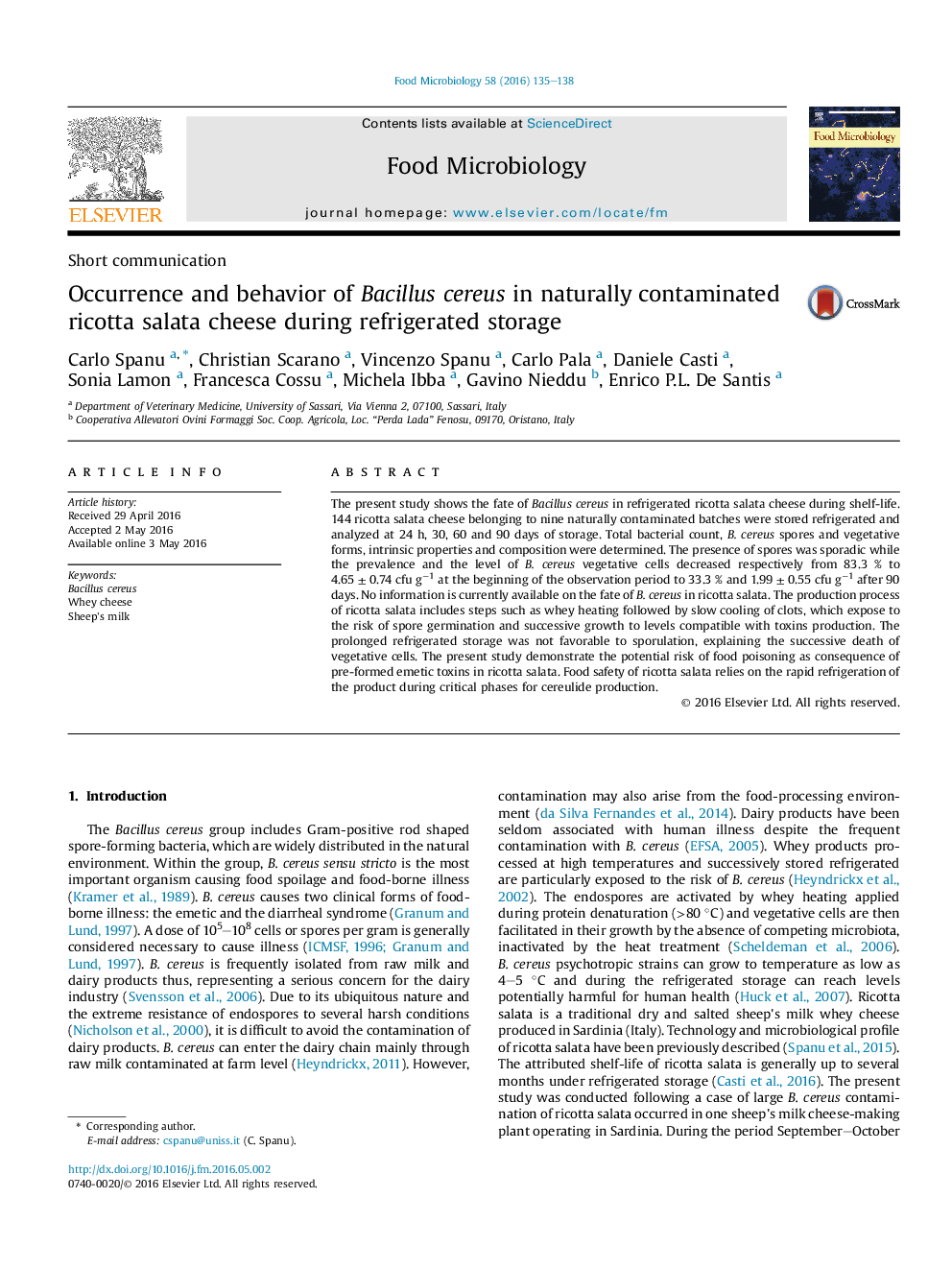 Occurrence and behavior of Bacillus cereus in naturally contaminated ricotta salata cheese during refrigerated storage