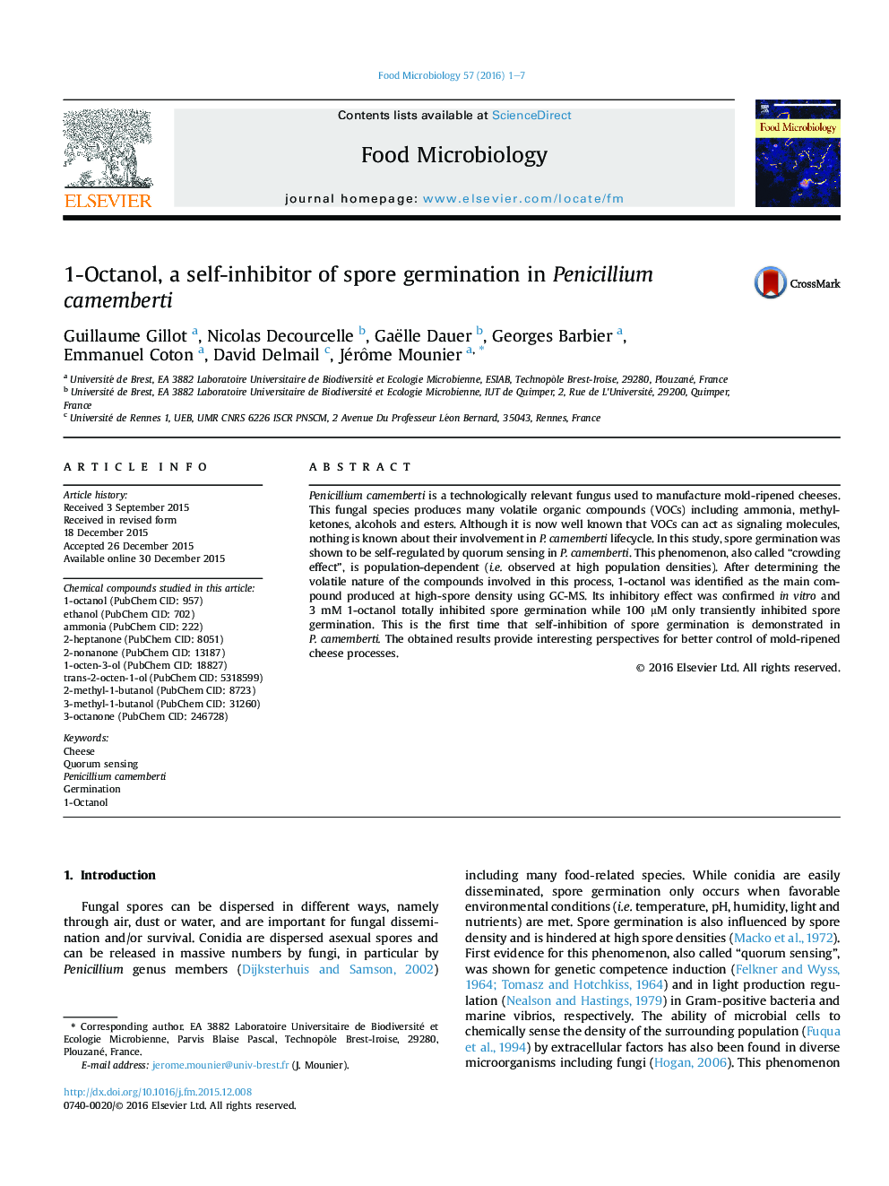 1-Octanol, a self-inhibitor of spore germination in Penicillium camemberti